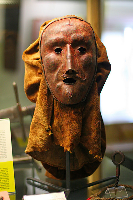 People used to believe that a person sentenced to death could give a curse through their facial expression. The person sentenced wore a blindfold and for further protection, the executioners wore a mask. This one is from Germany.