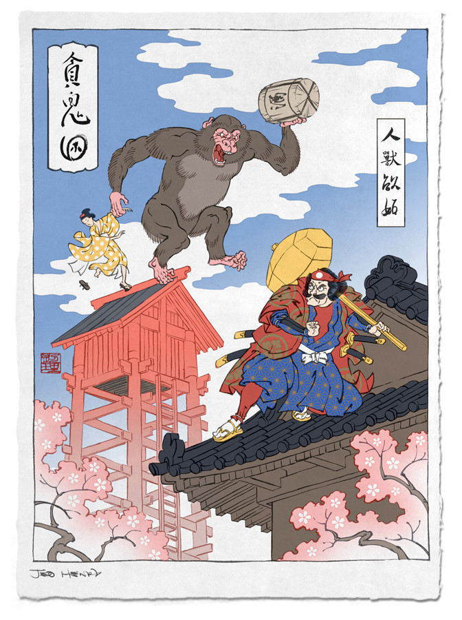 Video Game Characters As Classic Ukiyo-e Paintings --  'Barrel and Hammer'- Donkey Kong