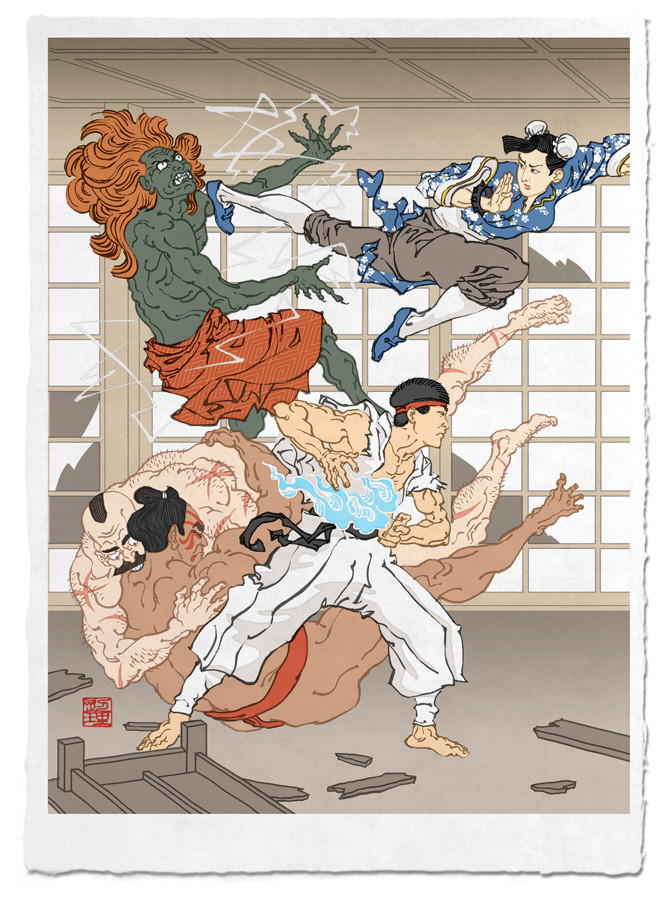 Video Game Characters As Classic Ukiyo-e Paintings - 'Battle in the Bath House'- Street Fighter
