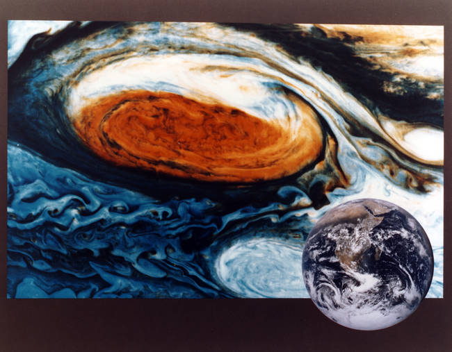 The 40,000 km-wide Great Red Spot on Jupiter is a storm that's been brewing for at least the past 200 years. To put it into perspective, the Earth could fit in the Red Spot three times over.