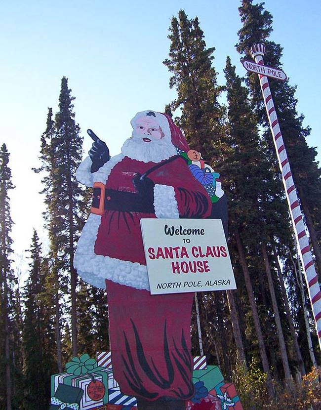 7. North Pole, Alaska. As the name suggests, this town in the suburbs of Fairbanks is ripe with Christmas tradition. In fact, the town is permanently decorated for Christmas during the rest of the year.However, this town really shines during the holidays. Visitors and locals alike can enjoy traditional candle lighting ceremonies, in addition to a giant winter ice park, and Santa Claus's house.