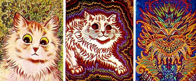A series of paintings of cats by Louis Wain from the early 1900's. They capture a slow descent into varying levels of schizophrenic episodes.