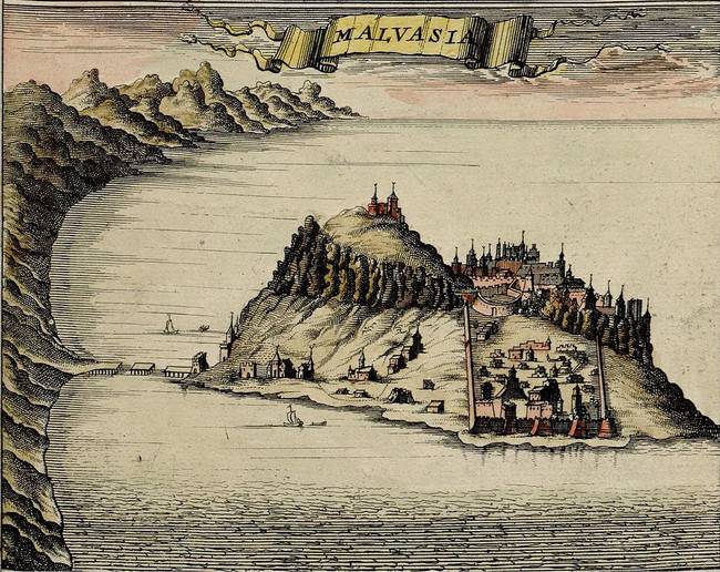 A map of Monemvasia then Malvasia from the Middle Ages.