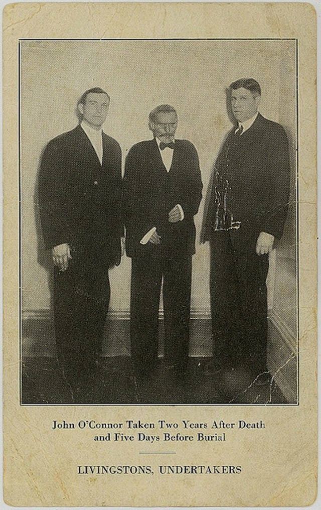 Devices were even created to allow the dead to pose standing up. Here the gentlemen in the middle is pictured five days before his burial.