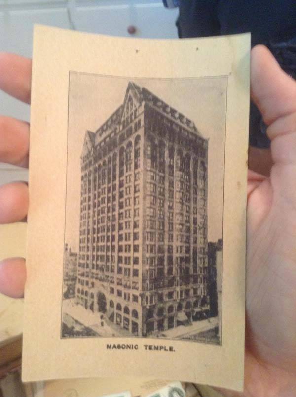 The chest also contained a postcard with the Masonic Temple Building in Chicago pictured.