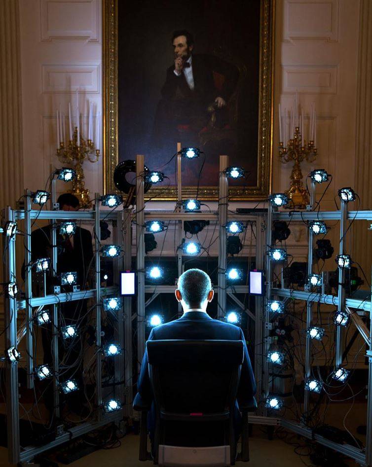 Obama sitting for his portrait as president. The portrait will be a 3D image.
