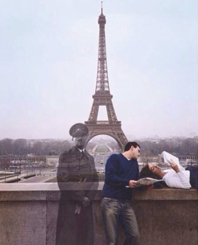 Hitler ruins a couple's photograph in Paris.