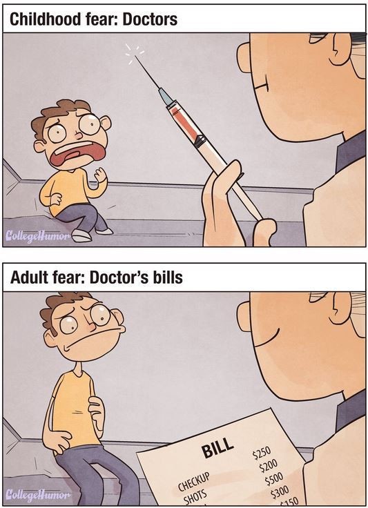 adult fear - Childhood fear Doctors CollegeHumor Adult fear Doctor's bills Bill $250 $200 $500 $300 Collegellumor Checkup Shots 150