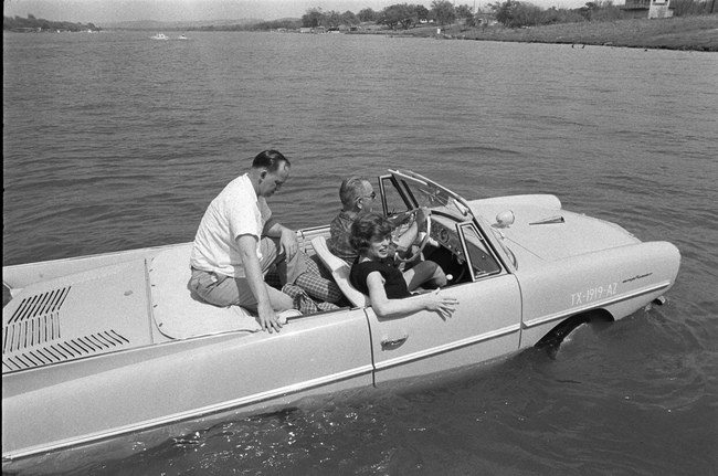 In 1965, LBJ liked to prank his lake house guests by driving into the water. The car was amphibious.