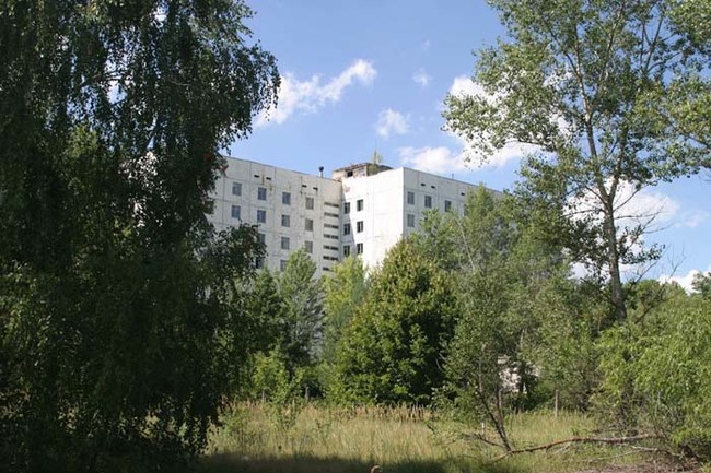 This Soviet-style apartment building is slowly being reclaimed by nature, like much of Pripyat.