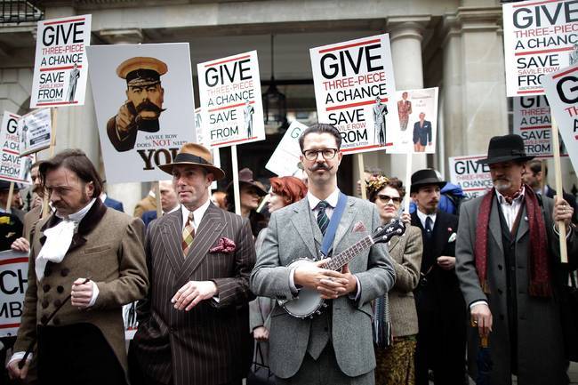 A group of "classy gentlemen" gathered to protest the opening of an Abercrombie & Fitch store on the historic Savile Row.