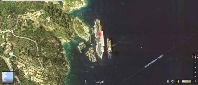 The remains of the overturned Italian cruise ship, the Costa Concordia.