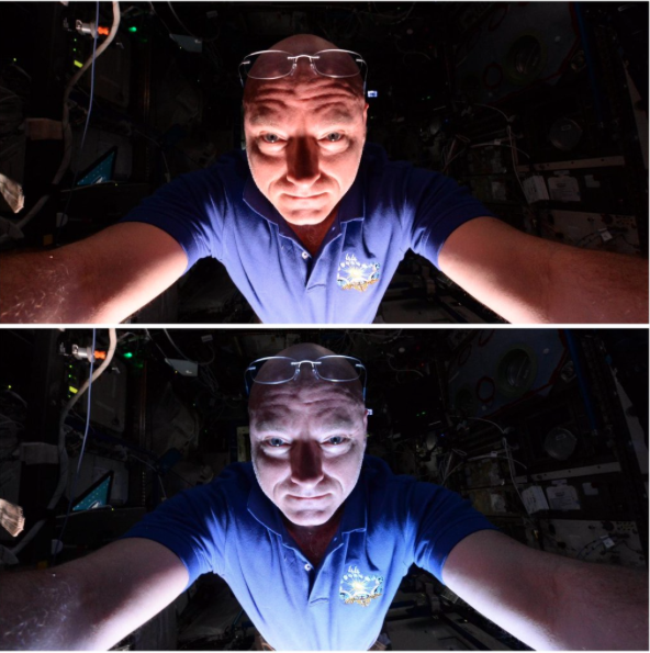 Astronaut Scott Kelly probably wins “Selfie of the Year” after capturing this selfie from space, using the reflection of the Earth as light. The top is the North African desert, and the bottom is the Mediterranean Sea
