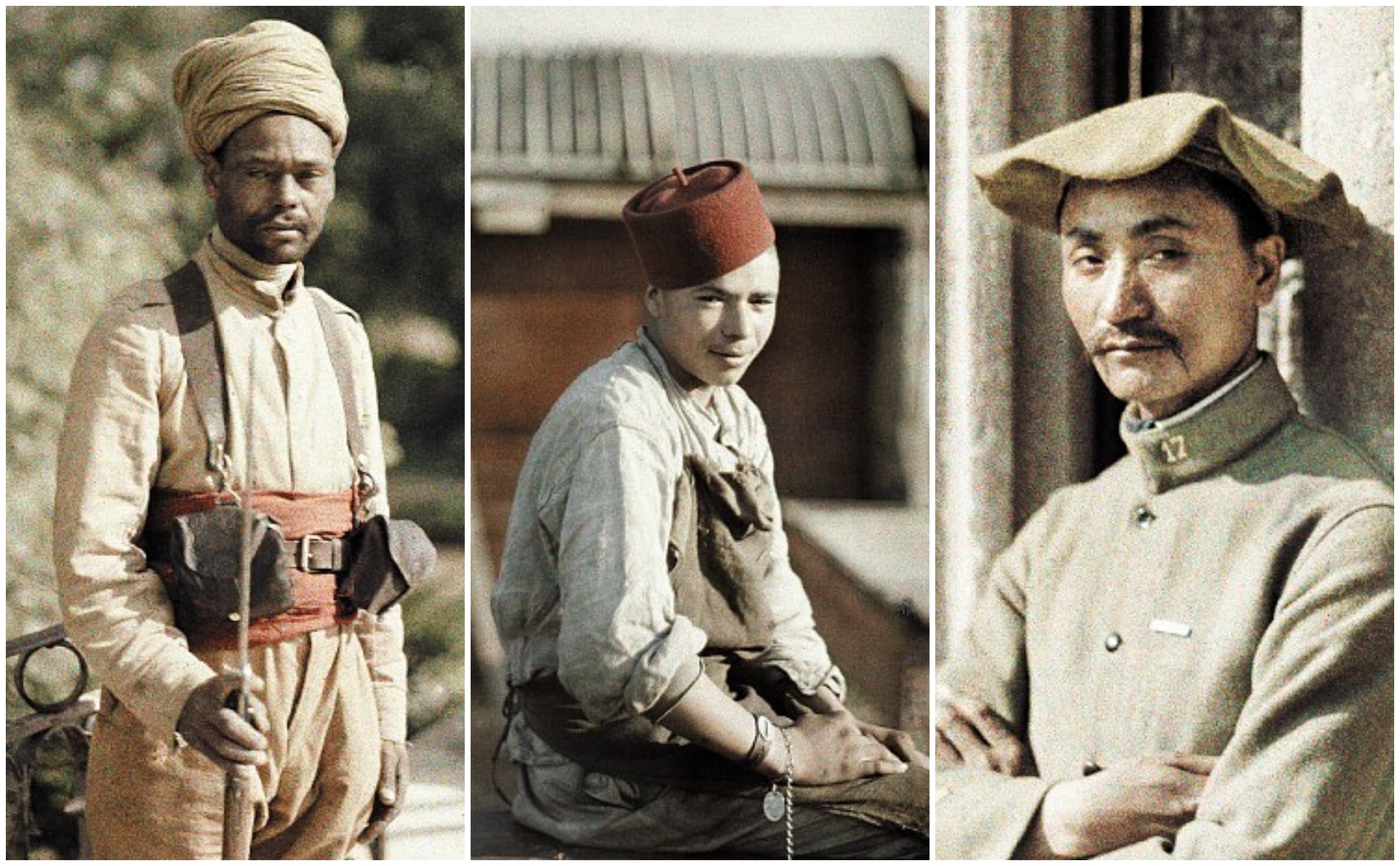 1917 – An Algerian guard, an Algerian Worker, and a Indochinese worker, all serving in Soissons, Aisne, France, all in 1917: