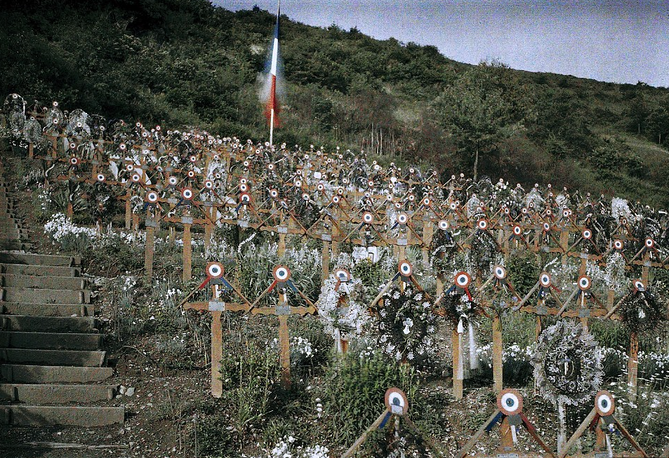 A military graveyard on a hillside in the town of Moosch in Alsace containing graves of the Chasseurs Alpins, the elite mountain infantry of the French Army: