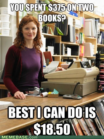 shop assistant at register - You Spent $375 On Two Books? Bestican Do Is $18.50 Memebase.com