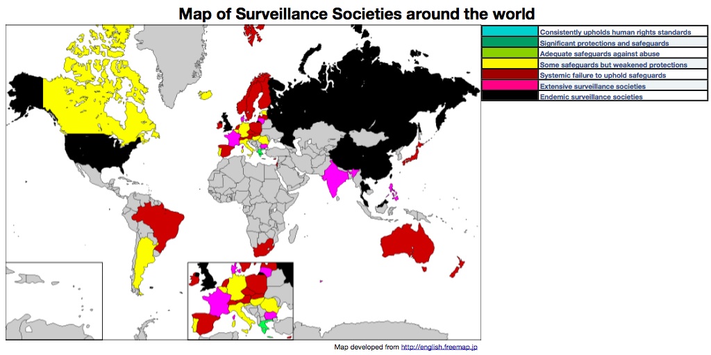 world map - Map of Surveillance Societies around the world Consistently upholds human rights standards Significant protections and safeguards Adequate safeguards against abuse Some safeguards but weakened protections Systemic failure to uphold safeguards 