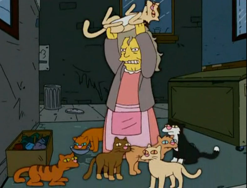 Crazy Cat Lady AKA Eleanor Abernathy AKA Dr. Eleanor Abernathy MD, JD - First Appearance, Girly Edition, on April 19, 1998 - Voiced by Tress MacNeille
