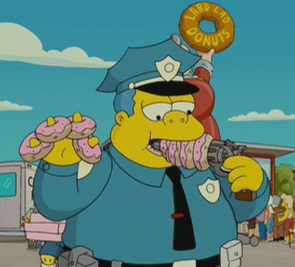 Chief Wiggum AKA Commissioner Clancy Wiggum AKA Clancy Wiggum - First Appearance, Homer's Odyssey, on January 12, 1990  Voiced by Christopher Collins for season 1, then after Hank Azaria did speaking parts and Shelby Grimm did singing parts