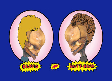 A remake of the Beavis and Butthead opening screen with the little human photoshopped in.