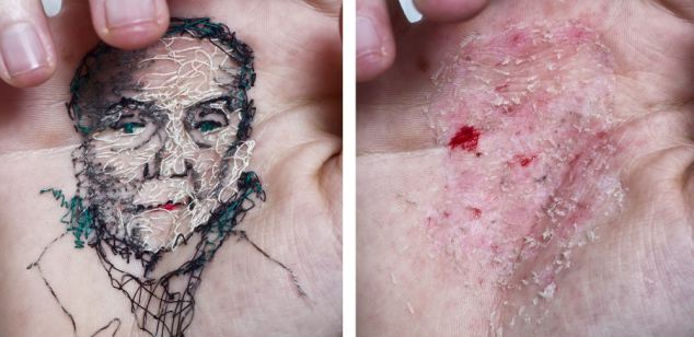 Man Sews the Faces of Loved Ones into the Palm of His Hand