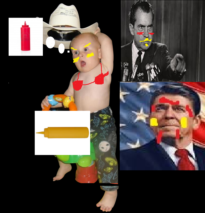 Baby loves his ketchup and mustard. Two of our greatest presidents admiring the baby as well. God bless us all.