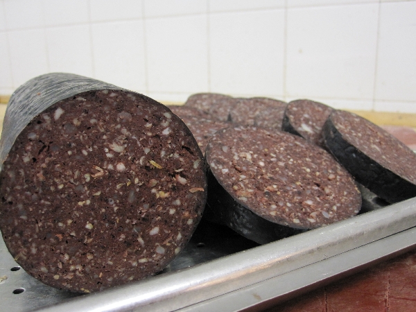 Black Pudding. Supposedly sausage composed of cooked or dried blood. Very popular in the Asain regions.