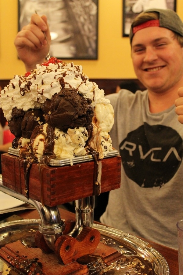 "The Kitchen Sink", San Francisco Cremery.3 bananas, 8 scoops of ice cream, 8 toppings, and a cherry. Prize: Free Ice cream for a year.