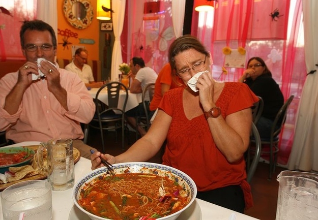 "The Inferno Bowl", Nitallys ThaiMex Cuisine.48-ounce soup.. Mixed with the Ghost Chili pepper. Prize: 1,000 dollars to successful competitors.