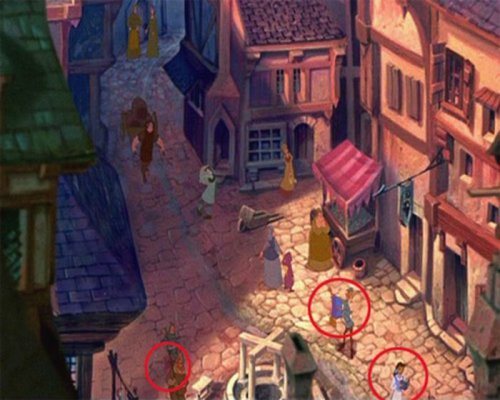 The Hunchback of Notre Dame - Aladdins Magic Carpet, Belle from Beauty and the Beast, and Pumbaa from The Lion King, are seen on the street surrounding Notre Dame during the Out There scene.