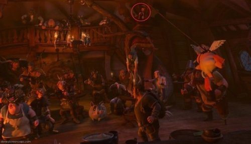 Tangled - Pinocchio is hidden up in the rafters above Flynn Rider during the Ive Got a Dream scene.