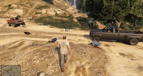 In the mountains outside LS, there are bodies and cars scattered across and a briefcase with 25,000 dollars. Close to a scene from No Country for Old Men.