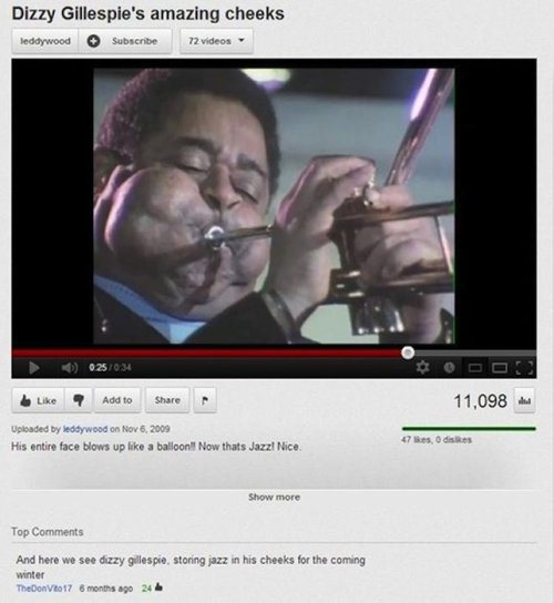 youtube comment funniest comments ever - Dizzy Gillespie's amazing cheeks ledgwood Subscribe 12 videos 025034 Add to 11,098 Uploaded by Teddywood on His entire face blows up a balloon! Now thats Jazzl Nice Show more Top And here we see dizzy gillespie, st