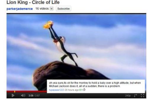 youtube comment rafiki and simba - Lion King Circle of Life parkerjademerce 16 videos Subscribe oh yea sure.its ok for the monkey to hold a baby over a high altitude, but when Michael Jackson does it all of a sudden, there is a problem upp 23 20 hours ago