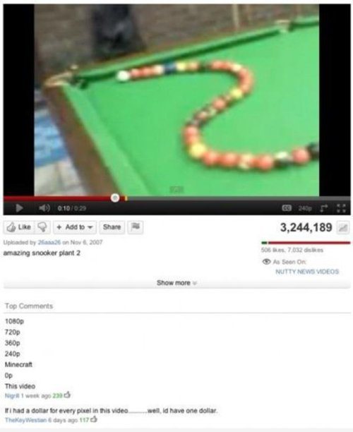 youtube comment funniest youtube comments - 010020 Add to p ed by on amazing snooker plant 2 3,244,189 5067012 As Or Nutty News Videos Show more Top 1080p 720p 360p 240p Minecran Op This video wellid have one dollar Tihada dollar for every pixel in this v