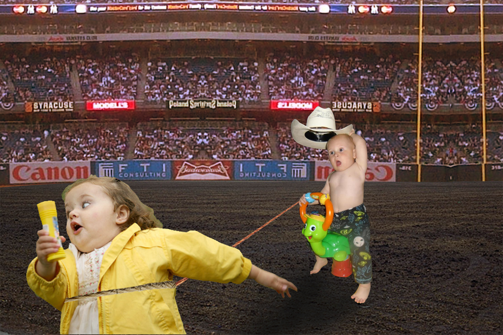 The classic meme of the little girl running from god knows what with this weeks photoshop challenge of the little boy ridding a bug acting as a cowboy lassoing the little girl in a stadium full of on lookers.