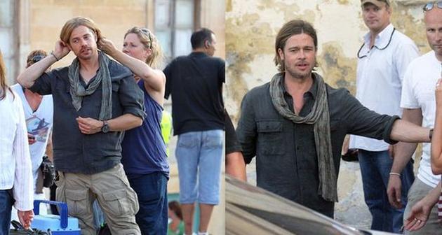 Brad Pitt and his stunt double during the filming of the new zombie flick Zombie War Z 2013.