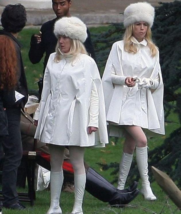 January Jones and her stunt double on the set of X-Men: First Class 2011.