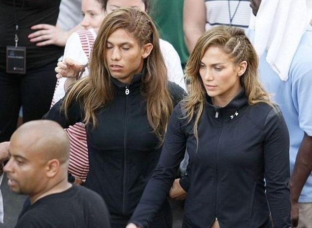 Jennifer Lopez and her stuntman on the set of her music video Follow the Leader.