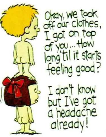naughty adult jokes - Okay, we took off our clothes, I got on top of you... How long til it starts feeling good? I don't know but I've got a headache already!