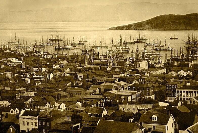 One of earliest photos of San Francisco, boats in the harbor and Yerba Buena Island, after Gold Rush began, 1851