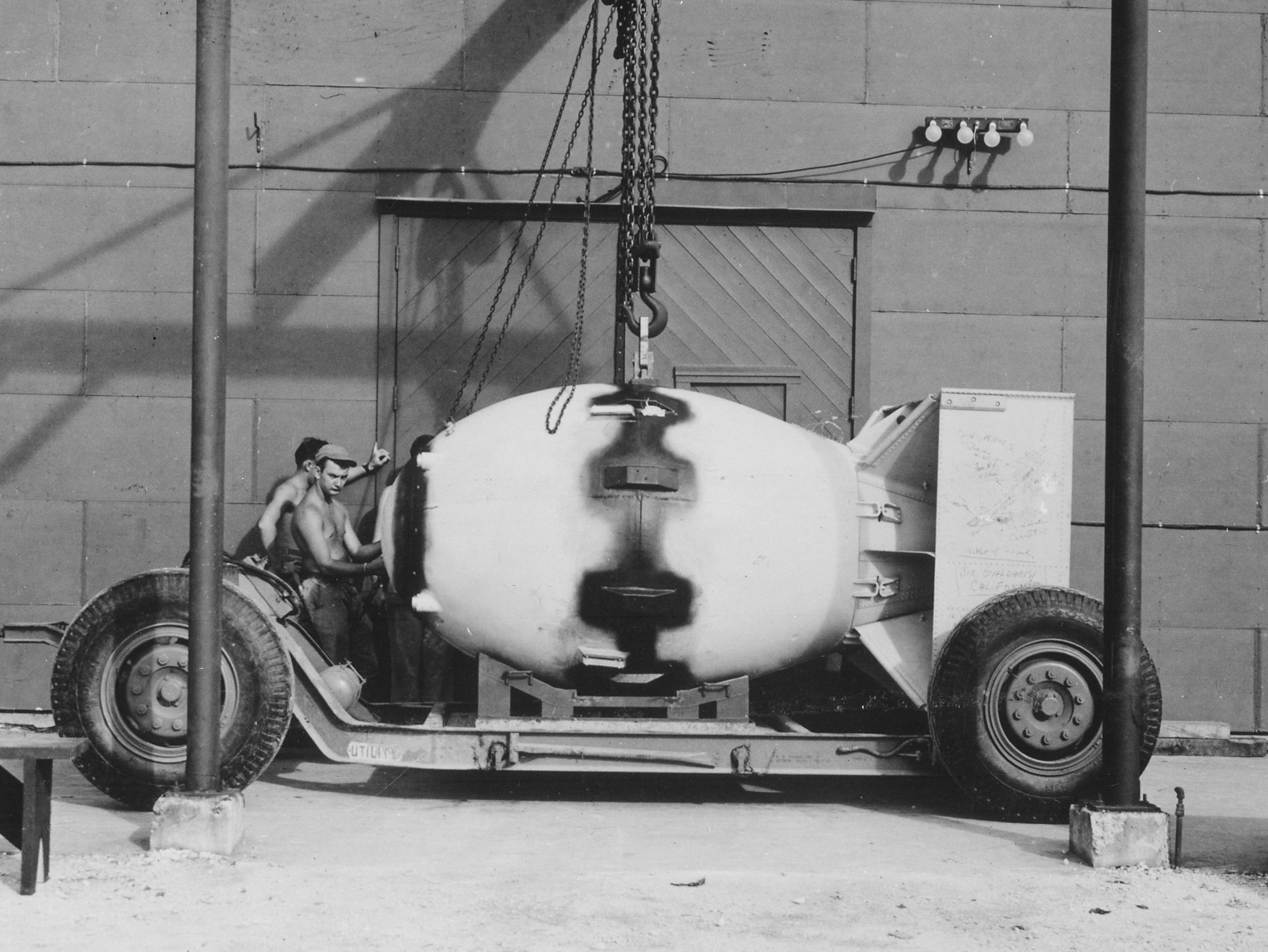 Fat Man - Nagasaki atomic bomb being transported for use, 1945