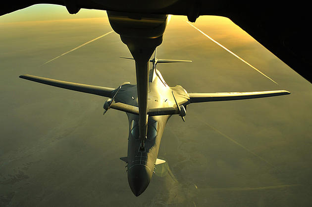 A B-1B Lancer receives fuel over Afghanistan from a KC-10 Extender. B-1Bs can rapidly deliver massive quantities of precision and non-precision weapons against any adversary. The B-1B is assigned to the 34th Expeditionary Squadron and the KC-10 is assigned to the 908th Expeditionary Aerial Refueling Squadron.