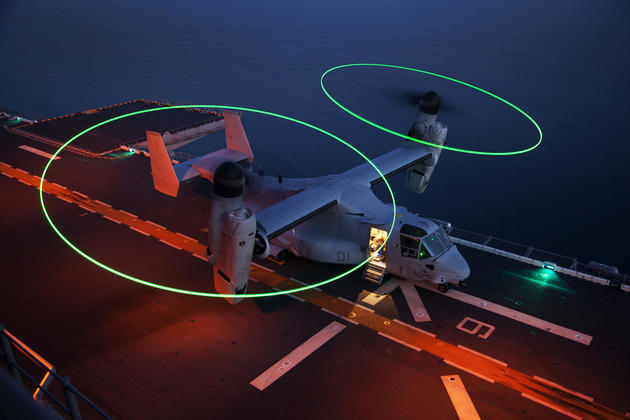 An MV-22B Osprey assigned to Marine Medium Tiltrotor Squadron VMM 266 Reinforced, 26th Marine Expeditionary Unit MEU, prepares to takeoff during flight operations aboard the USS Kearsarge LHD 3.