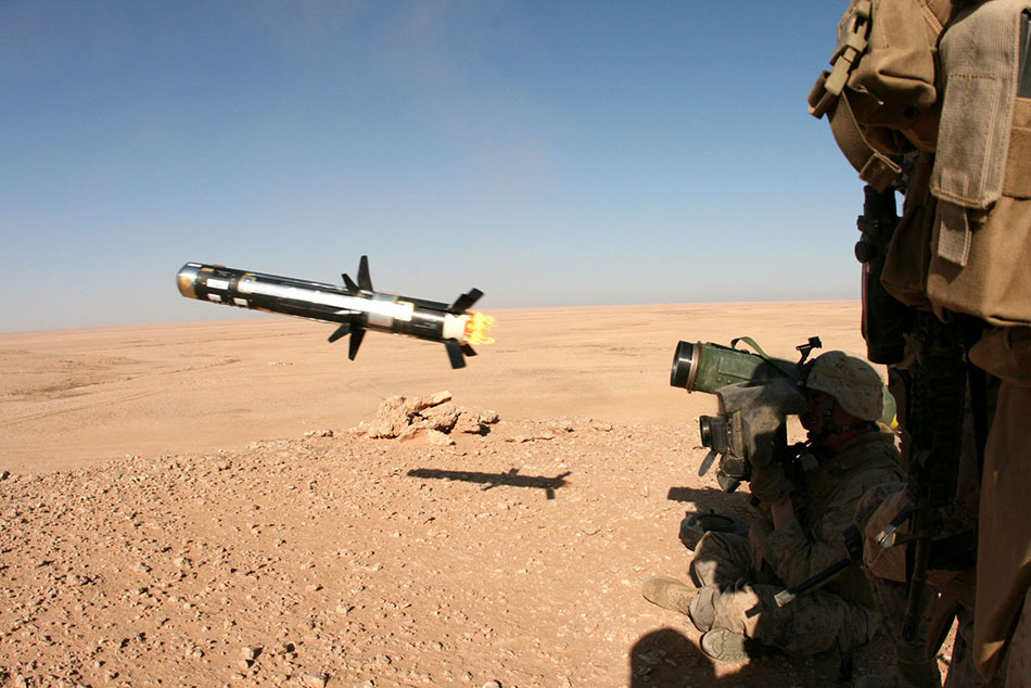 A soldier firing the deadly FGM-148 Javelin missile. Each missile is worth 40,000 USD.