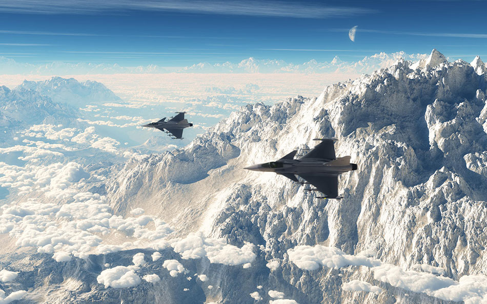 Two Swedish Air force Saab JAS 39 Gripens flying over some stunning mountains.