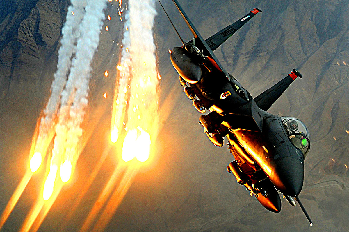 F-15 popping flares during a support operation in Afghanistan.