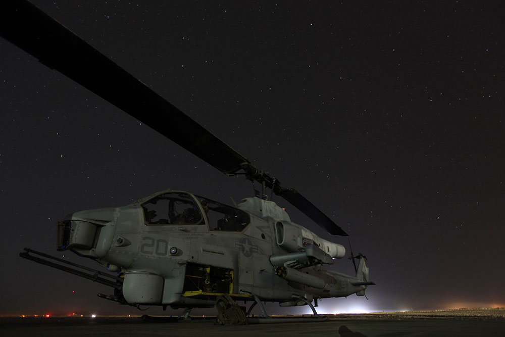 A U.S. Marine Corps AH-1W Cobra attack helicopter sits at Camp Dwyer in Helmand province, Afghanistan, Oct. 4, 2012.