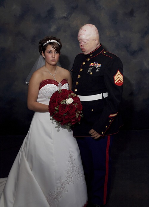 24 year-old Marine Sgt. Tyler Ziegel and and 21 year-old Rene Kline on their wedding day. She divorced him a year later. He died last year of a combination of drugs and alcohol.