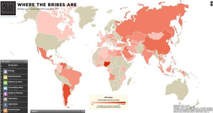 Map of Countries with the Most Violations of Bribery